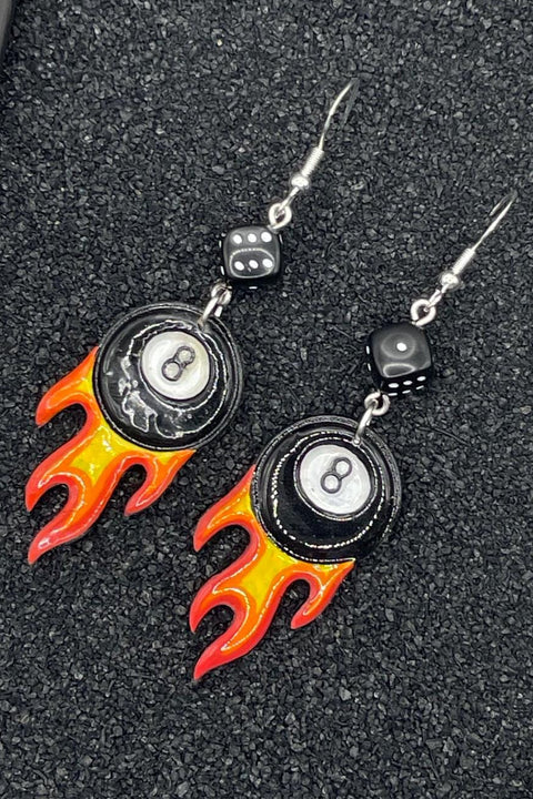 Tattoo - Flaming 8-Ball Tattoo Earrings with Dice Detail: Hand-Painted Polymer Clay