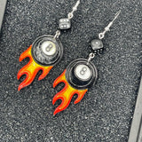 Tattoo - Flaming 8-Ball Tattoo Earrings with Dice Detail: Hand-Painted Polymer Clay