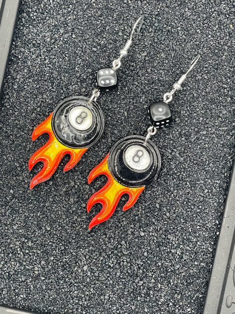 Tattoo - Flaming 8-Ball Tattoo Earrings with Dice Detail: Hand-Painted Polymer Clay