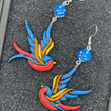 Tattoo - Swallow Earrings with Dice: Handmade, Hand-Painted Polymer Clay