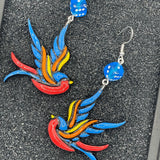 Tattoo - Swallow Earrings with Dice: Handmade, Hand-Painted Polymer Clay