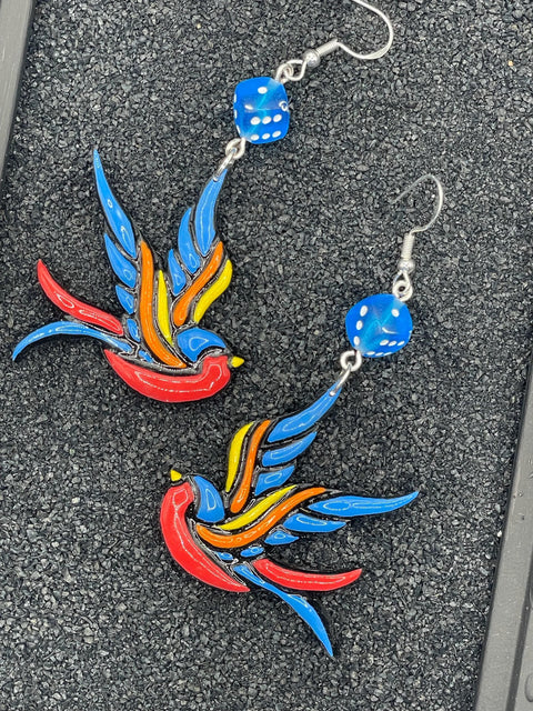 Tattoo - Swallow Earrings with Dice: Handmade, Hand-Painted Polymer Clay
