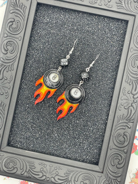 Tattoo - Flaming 8-Ball Tattoo Earrings with Dice Detail: Hand-Painted Polymer Clay