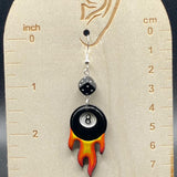 Tattoo - Flaming 8-Ball Tattoo Earrings with Dice Detail: Hand-Painted Polymer Clay