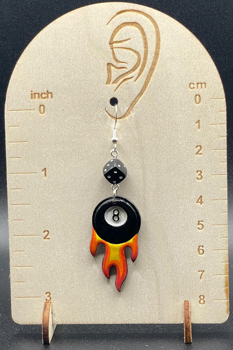 Tattoo - Flaming 8-Ball Tattoo Earrings with Dice Detail: Hand-Painted Polymer Clay