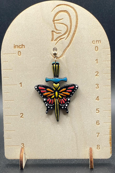 Tattoo - Butterfly with Dagger Earrings: Handmade Polymer Clay