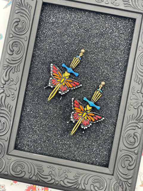 Tattoo - Butterfly with Dagger Earrings: Handmade Polymer Clay