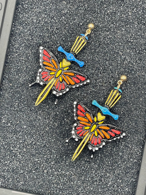 Tattoo - Butterfly with Dagger Earrings: Handmade Polymer Clay