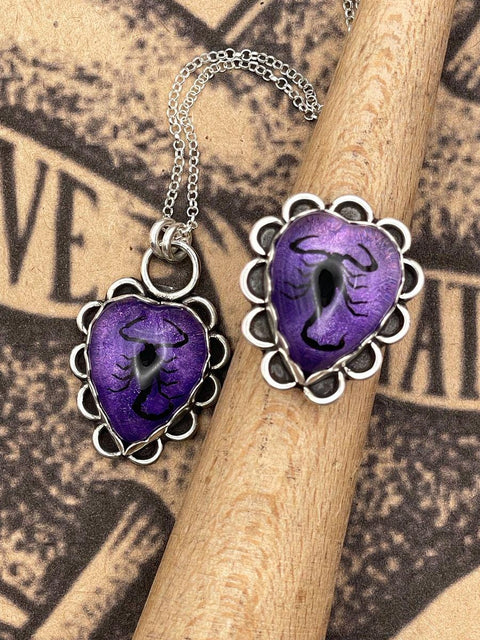 Wrigley - Black Scorpion in Purple Resin Heart Pendant