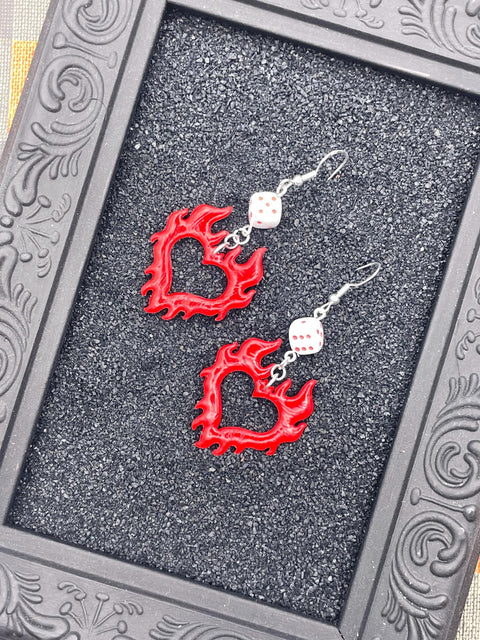 Tattoo - Flaming Heart Earrings with Dice Detail: Handmade, Polymer Clay