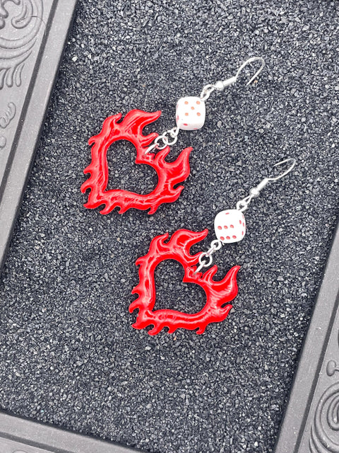 Tattoo - Flaming Heart Earrings with Dice Detail: Handmade, Polymer Clay