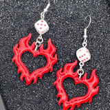 Tattoo - Flaming Heart Earrings with Dice Detail: Handmade, Polymer Clay