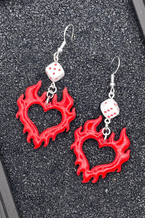 Tattoo - Flaming Heart Earrings with Dice Detail: Handmade, Polymer Clay
