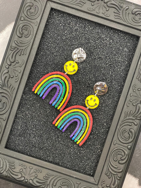 Love - Rainbow with Smiley Face Earrings: Handmade Polymer Clay