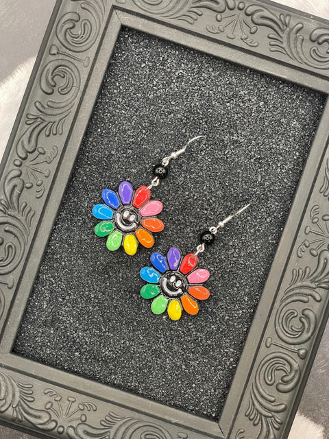 Love - Rainbow Smiley Daisy Earrings: Handmade Polymer Clay