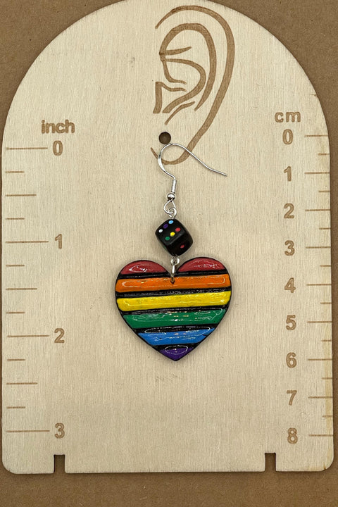 Love - Rainbow Heart with Dice Earrings: Handmade Polymer Clay