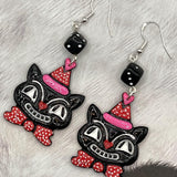 Cat Lover - Retro Kitty Earrings with Party Hat and Dice Detail: Handmade Polymer Clay