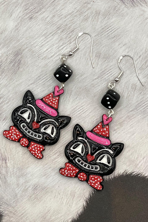 Cat Lover - Retro Kitty Earrings with Party Hat and Dice Detail: Handmade Polymer Clay
