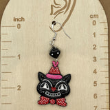 Cat Lover - Retro Kitty Earrings with Party Hat and Dice Detail: Handmade Polymer Clay