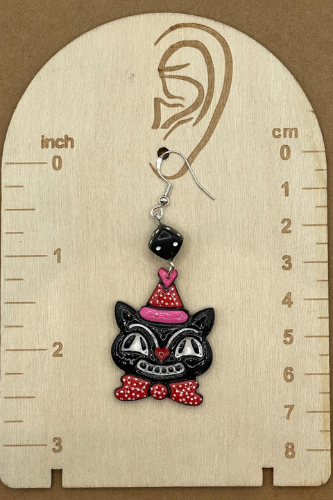 Cat Lover - Retro Kitty Earrings with Party Hat and Dice Detail: Handmade Polymer Clay