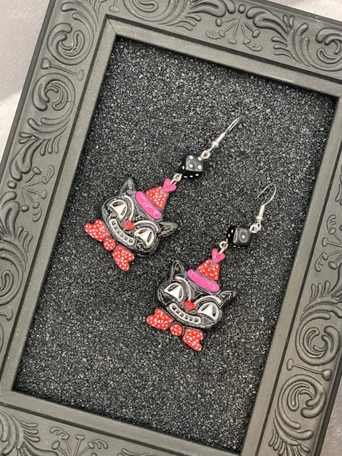 Cat Lover - Retro Kitty Earrings with Party Hat and Dice Detail: Handmade Polymer Clay