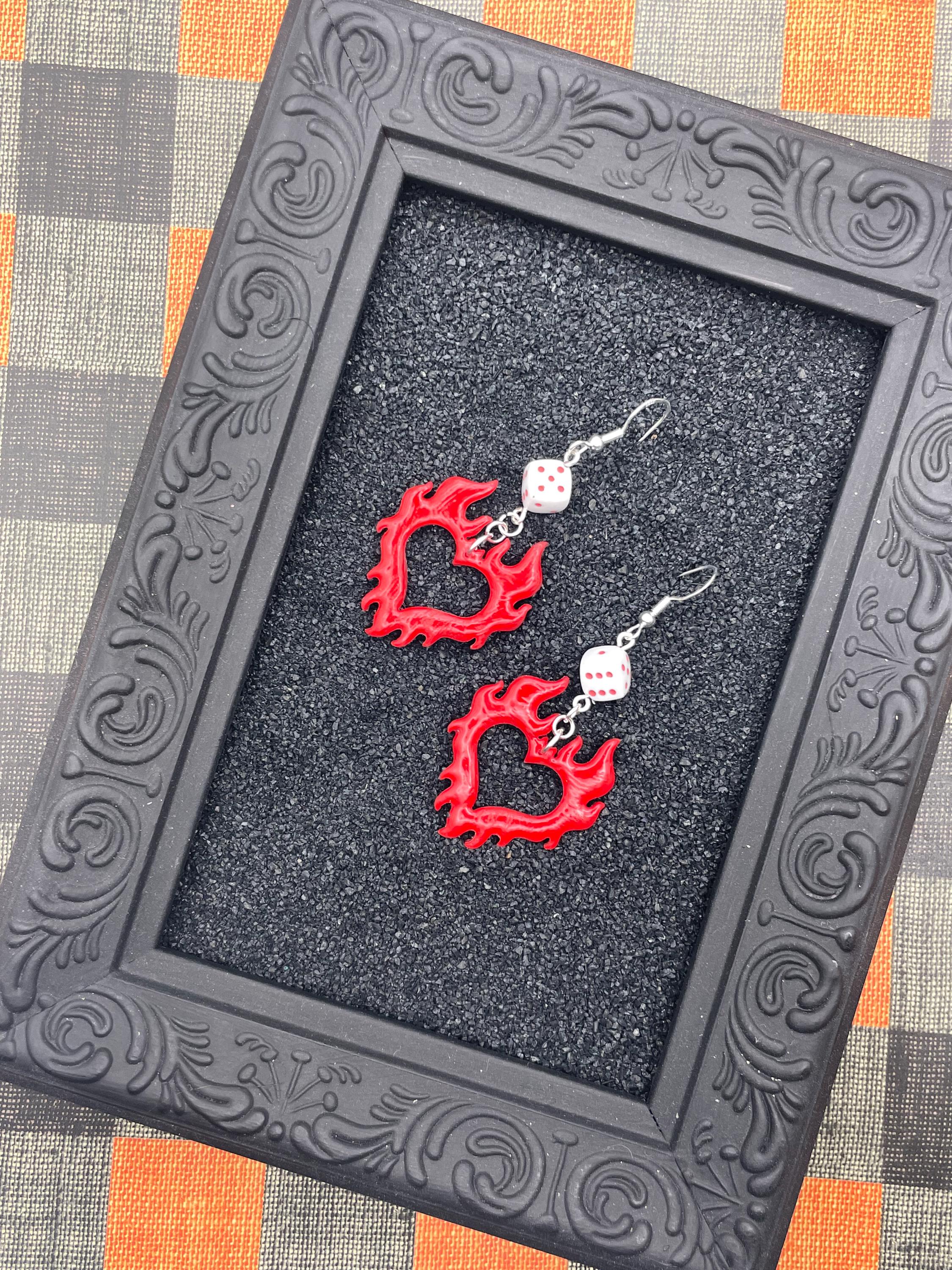 Tattoo - Flaming Heart Earrings with Dice Detail: Handmade, Polymer Clay