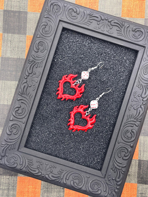 Tattoo - Flaming Heart Earrings with Dice Detail: Handmade, Polymer Clay