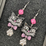 Cat Lover - Retro Kitty Earrings Pink Dice Rhinestone Paw Charms: Handmade Polymer Clay