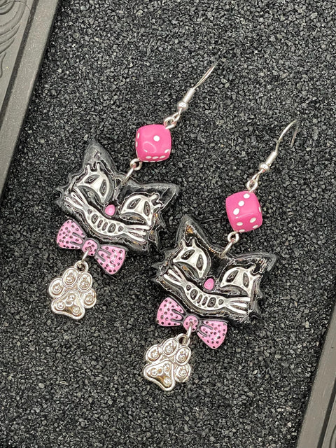 Cat Lover - Retro Kitty Earrings Pink Dice Rhinestone Paw Charms: Handmade Polymer Clay