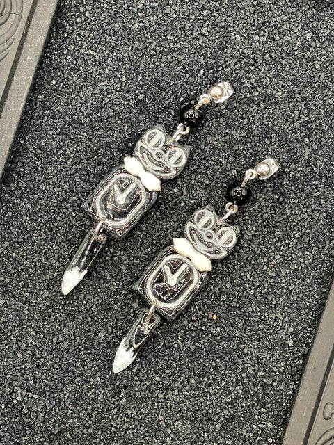 Cat Lover - Retro Black Kitty Clock Earrings: Handmade Polymer Clay