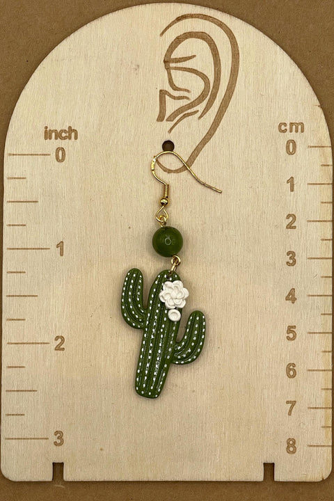 Joshua Tree - Saguaro Cactus with Jade Bead Earrings: Handmade Polymer Clay