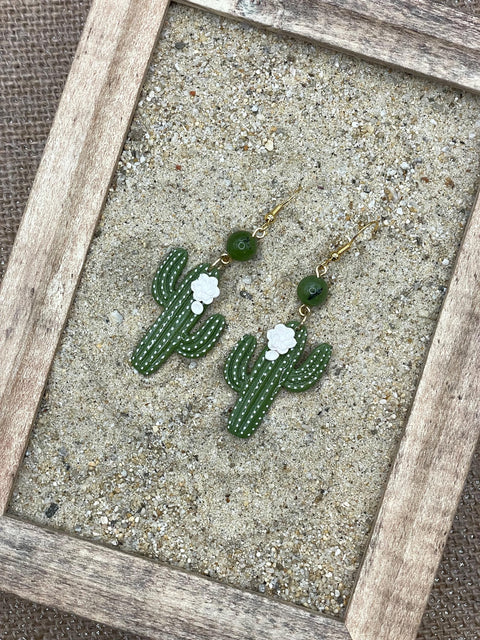 Joshua Tree - Saguaro Cactus with Jade Bead Earrings: Handmade Polymer Clay