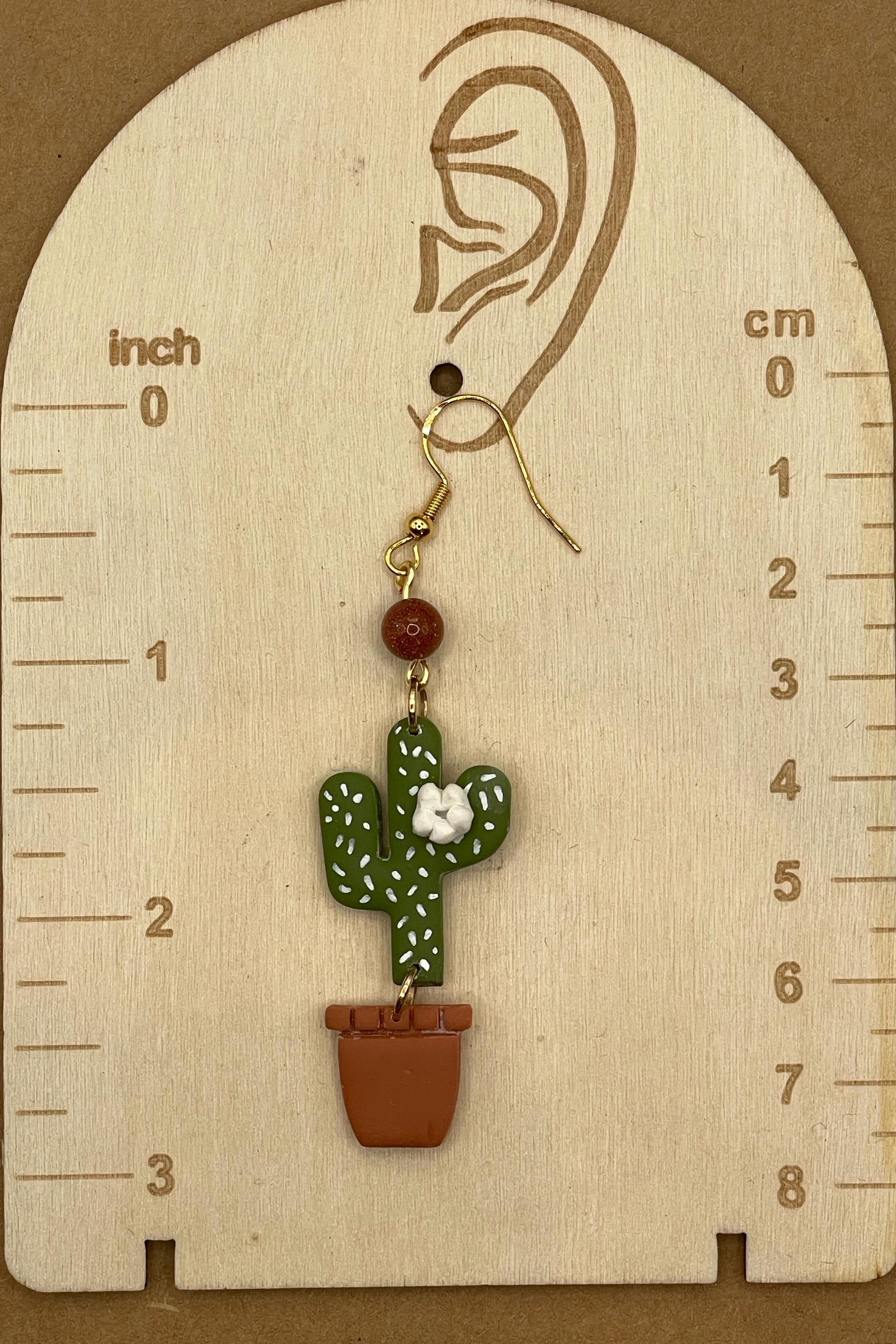 Joshua Tree - Cactus with Sunstone Beads Earrings: Handmade Polymer Clay
