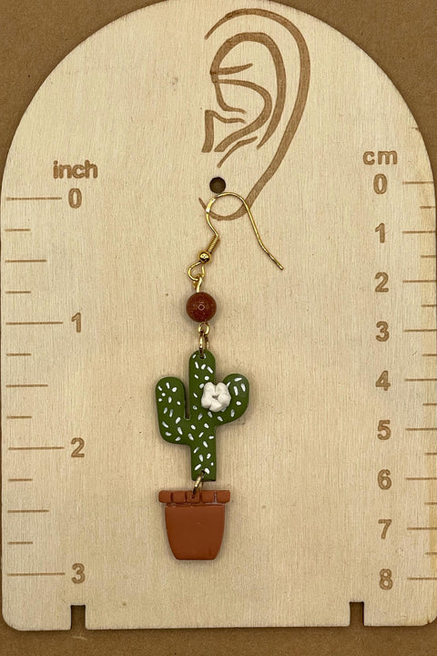 Joshua Tree - Cactus with Sunstone Beads Earrings: Handmade Polymer Clay