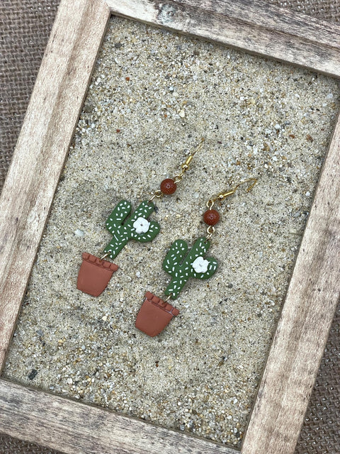 Joshua Tree - Cactus with Sunstone Beads Earrings: Handmade Polymer Clay