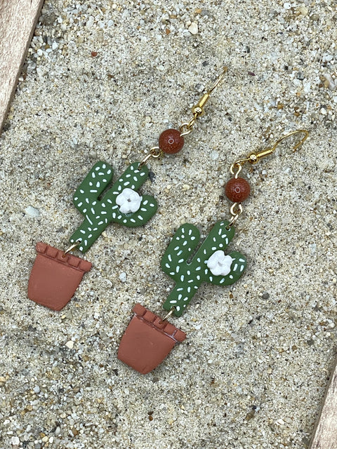 Joshua Tree - Cactus with Sunstone Beads Earrings: Handmade Polymer Clay
