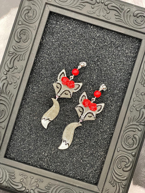 Magical Forest - Silver Fox with Red Flower Earrings: Handmade Hand-painted Polymer Clay