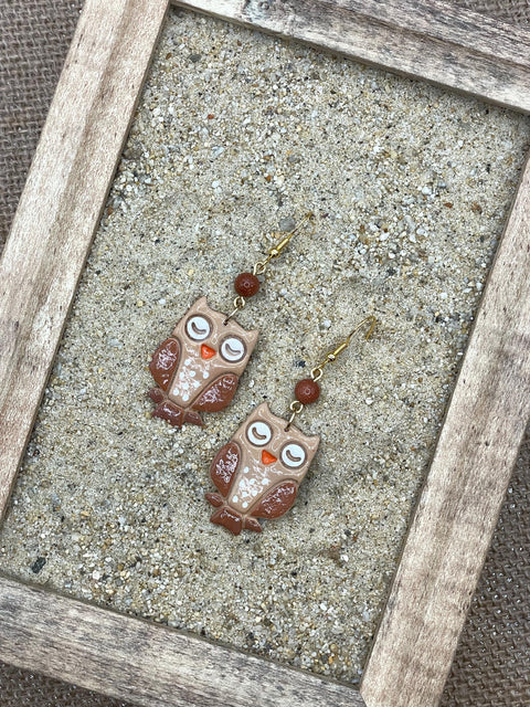 Magical Forest - Cutie Owl Earrings with Sunstone Detail: Handmade Polymer