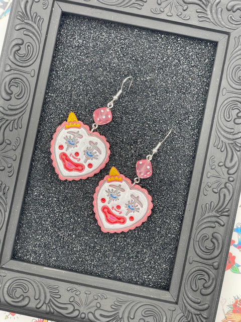 Tattoo - Clown Heart Earrings with Dice Detail: Handmade, Hand-Painted Polymer Clay