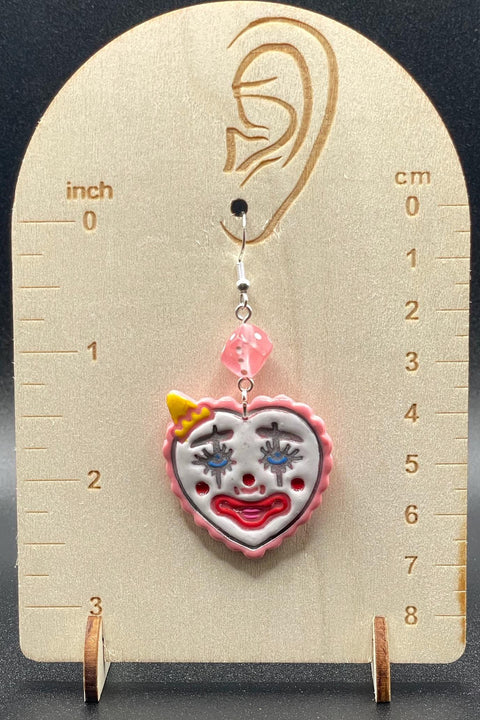 Tattoo - Clown Heart Earrings with Dice Detail: Handmade, Hand-Painted Polymer Clay