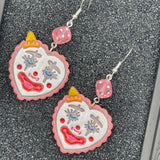 Tattoo - Clown Heart Earrings with Dice Detail: Handmade, Hand-Painted Polymer Clay