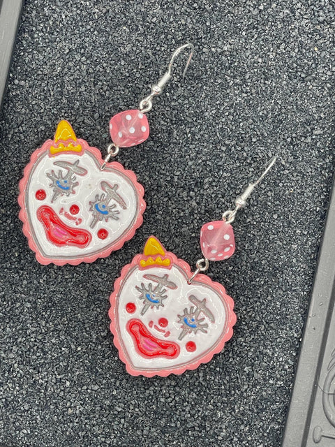 Tattoo - Clown Heart Earrings with Dice Detail: Handmade, Hand-Painted Polymer Clay