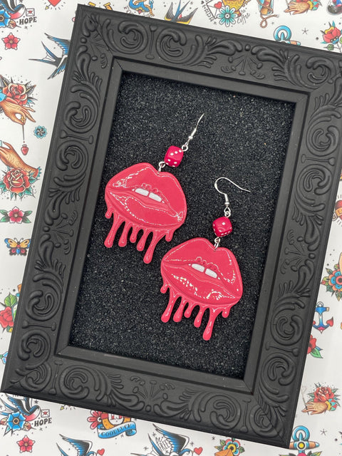 Tattoo - Dripping Lips Earrings with Dice: Handmade Polymer Clay