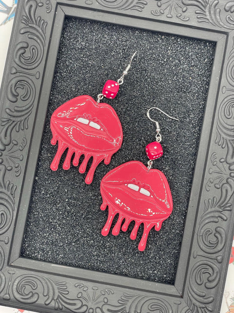 Tattoo - Dripping Lips Earrings with Dice: Handmade Polymer Clay
