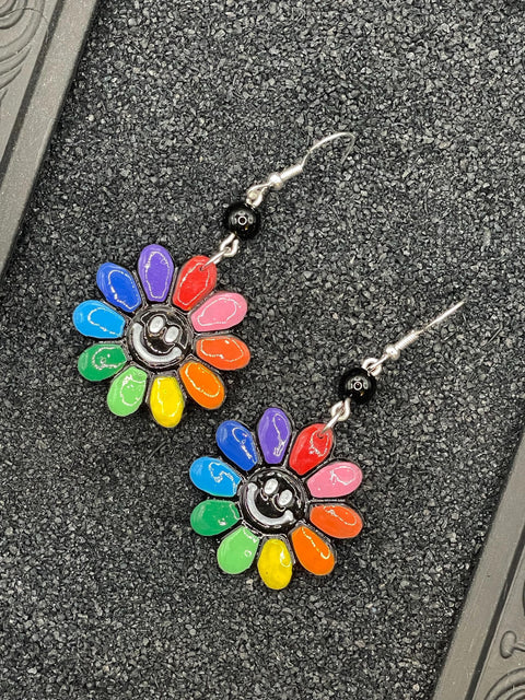 Love - Rainbow Smiley Daisy Earrings: Handmade Polymer Clay