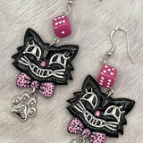 Cat Lover - Retro Kitty Earrings Pink Dice Rhinestone Paw Charms: Handmade Polymer Clay