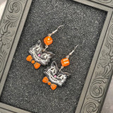 Cat Lover - Retro Kitty Earrings with Bowtie and Dice: Handmade Polymer Clay