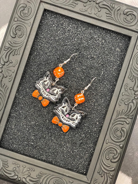 Cat Lover - Retro Kitty Earrings with Orange Bowtie and Dice: Handmade Polymer Clay
