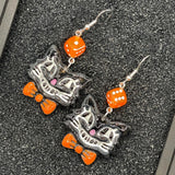 Cat Lover - Retro Kitty Earrings with Bowtie and Dice: Handmade Polymer Clay