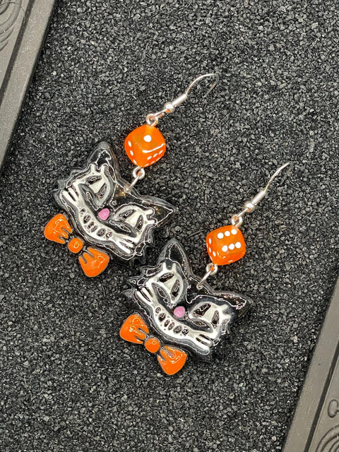 Cat Lover - Retro Kitty Earrings with Orange Bowtie and Dice: Handmade Polymer Clay